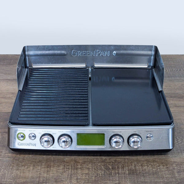 1. GreenPan indoor electric grill and griddle combo with digital controls, split plates, and stainless steel guard.