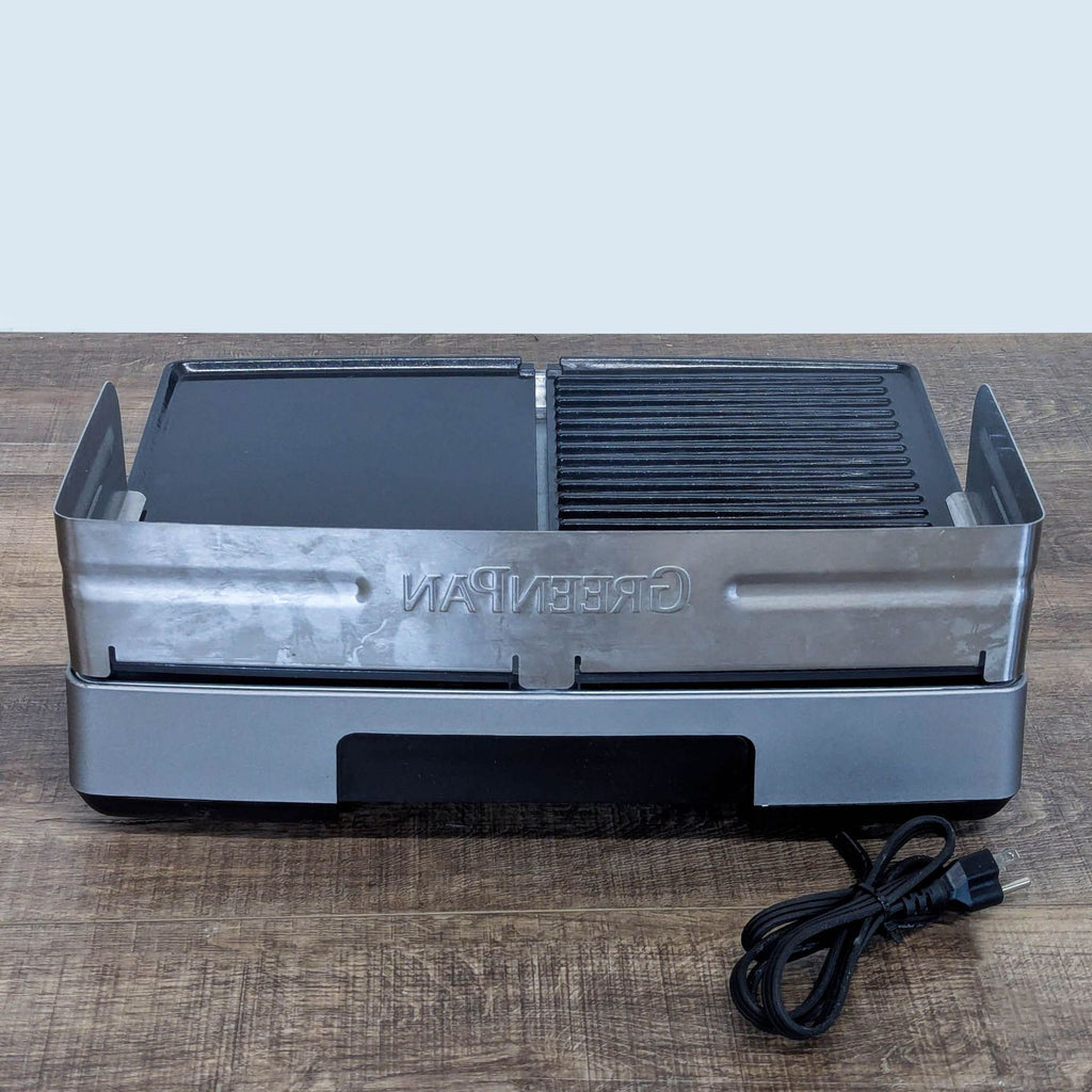 3. Rear view of GreenPan grill & griddle combo with branded splash guard and removable plates, power cord visible.