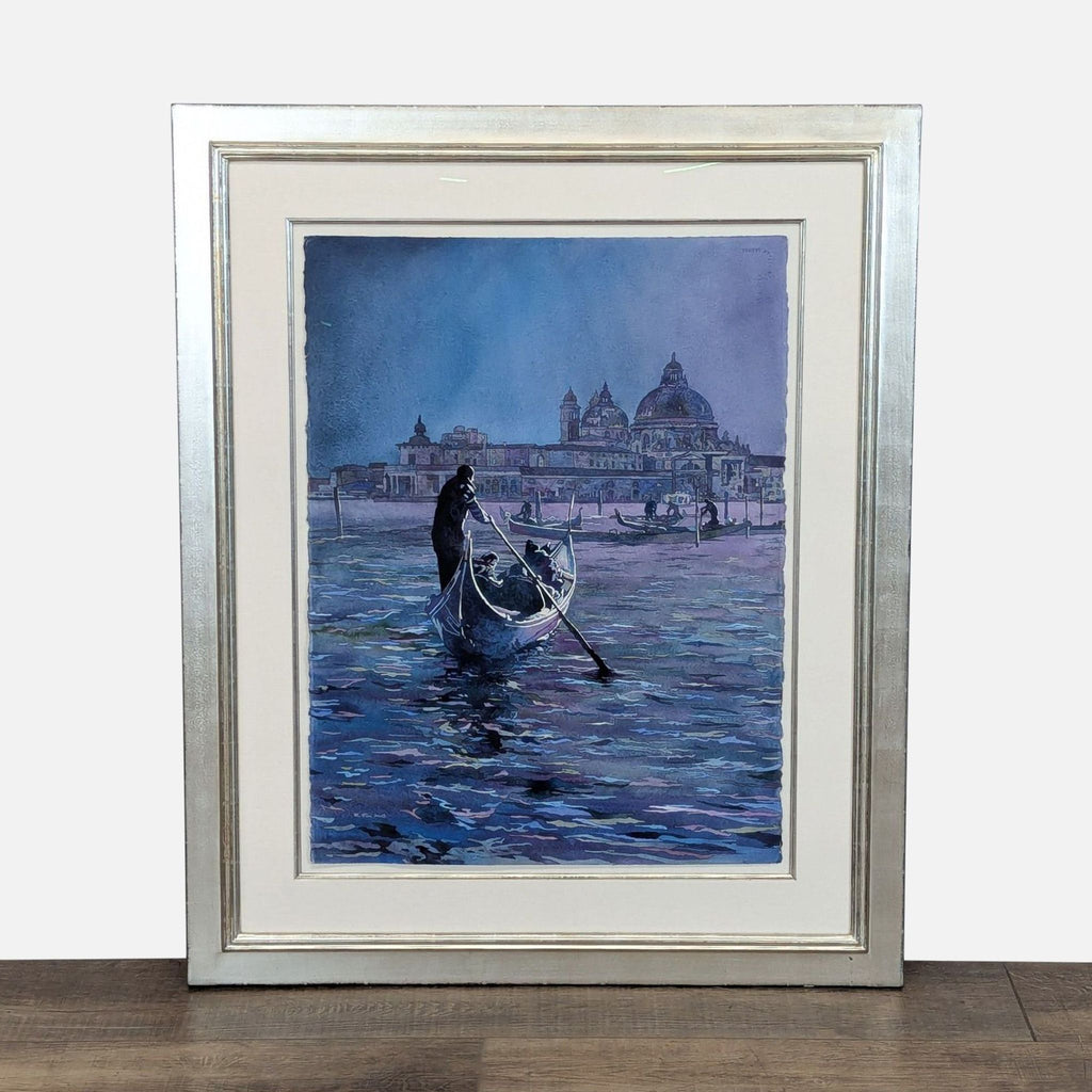 1. Framed watercolor painting of a Venice gondolier and Santa Maria della Salute at night, by Ryan Fox.