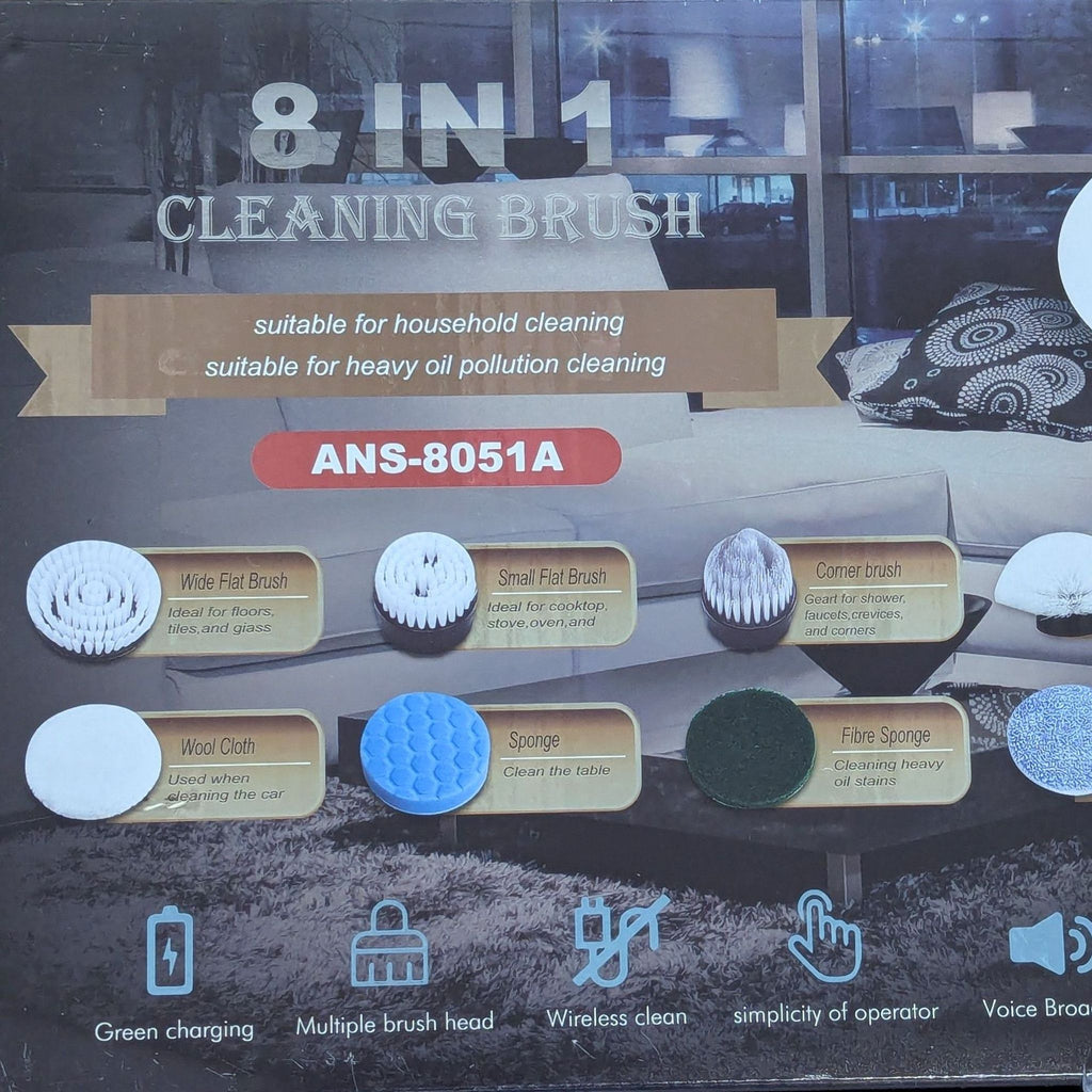 3. Product packaging for the YKYI ANS-8051A 8-in-1 cleaning brush, highlighting brush heads and key features.