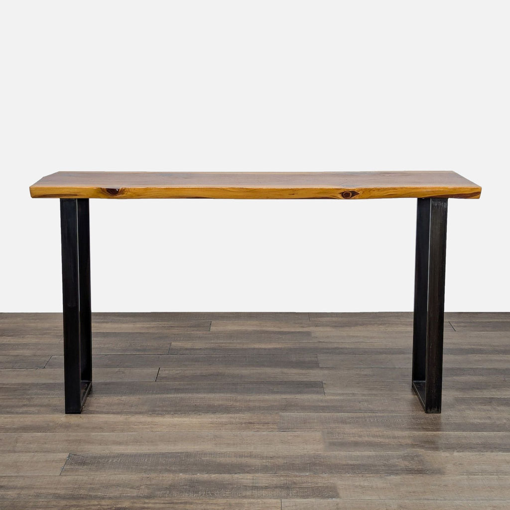 1. Reperch side table with a rustic wood top and black metal sled legs, designed for console or side use.