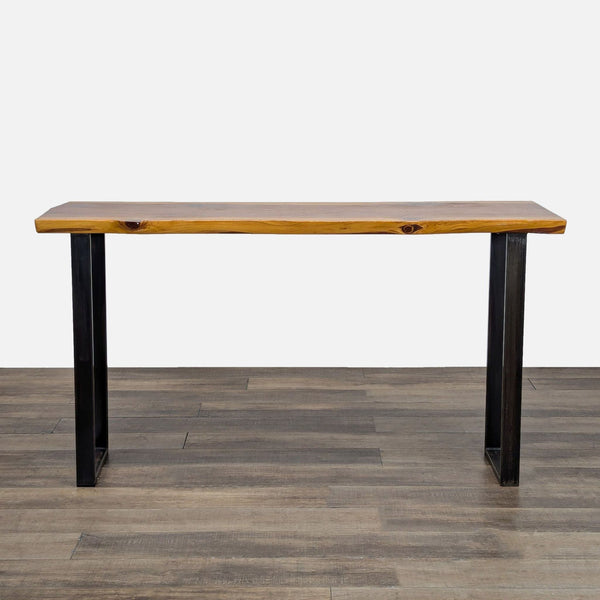 1. Reperch side table with a rustic wood top and black metal sled legs, designed for console or side use.