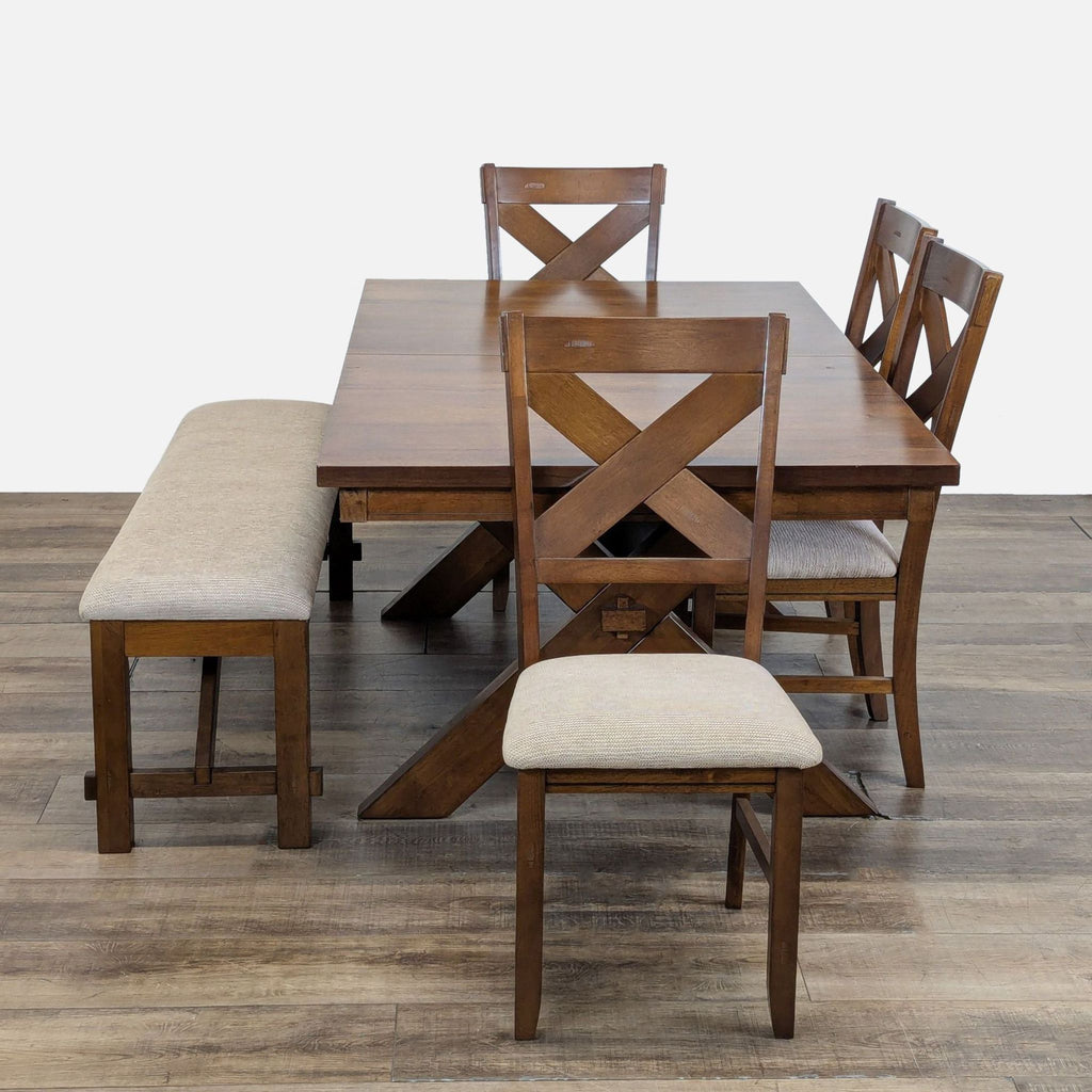 1. Roundhill Furniture dining set with wood expandable table, four cushioned chairs, and matching bench.