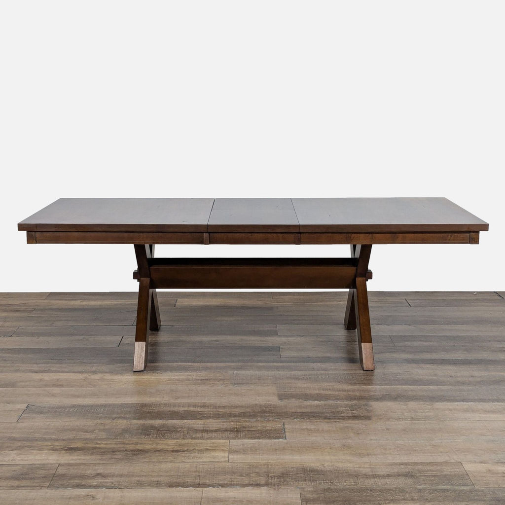 2. Expandable wood dining table by Roundhill Furniture in brown, shown extended with 17.75” leaf.