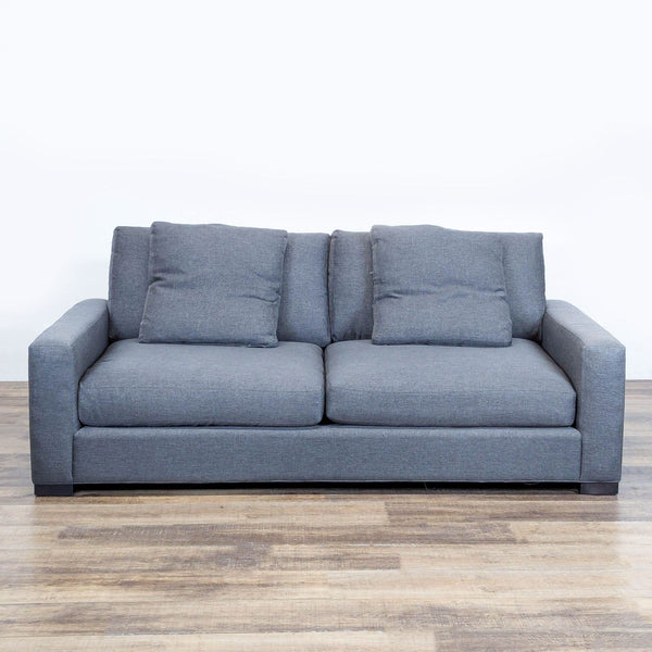 1. Front view of a modern, plush dark gray 3-seat Metro sofa by Room & Board with clean lines.  