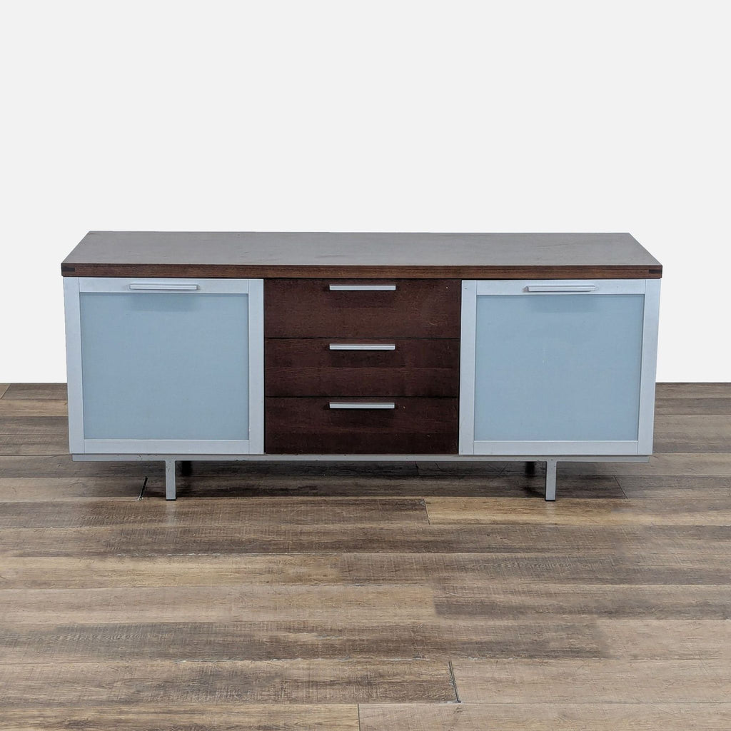 1. Calligaris sideboard with frosted glass doors, three central drawers, and interior shelving, shown from the front.