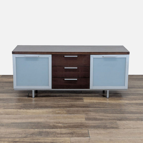 1. Calligaris sideboard with frosted glass doors, three central drawers, and interior shelving, shown from the front.