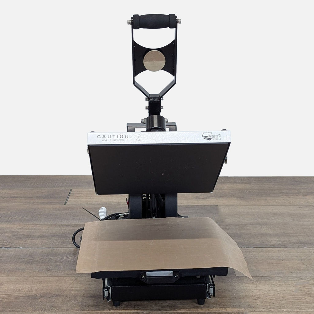 Front view of Heat Press Nation heat press with open platen, highlighting its gas shock and pressure adjustment.
