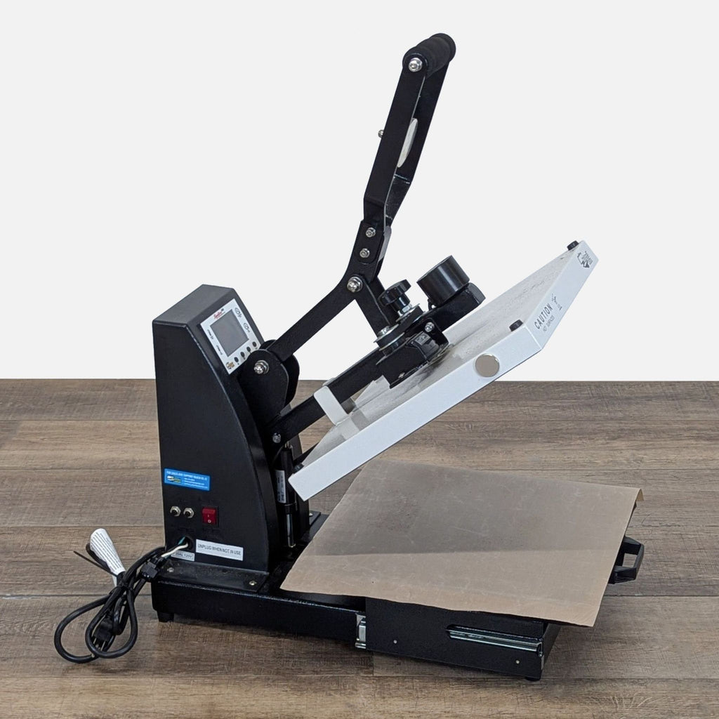 Heat Press Nation machine with Sure Pressure System, time/temperature gauge, and gas shock opening, side view.  