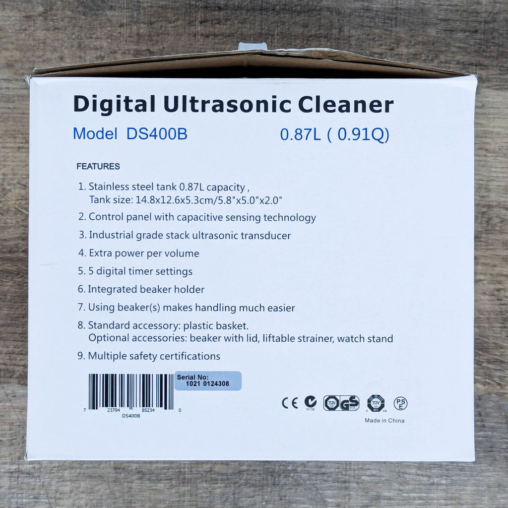 2. Box details for iSonic Digital Ultrasonic Cleaner DS400B, listing features like timer settings, beaker holder, and safety certifications.