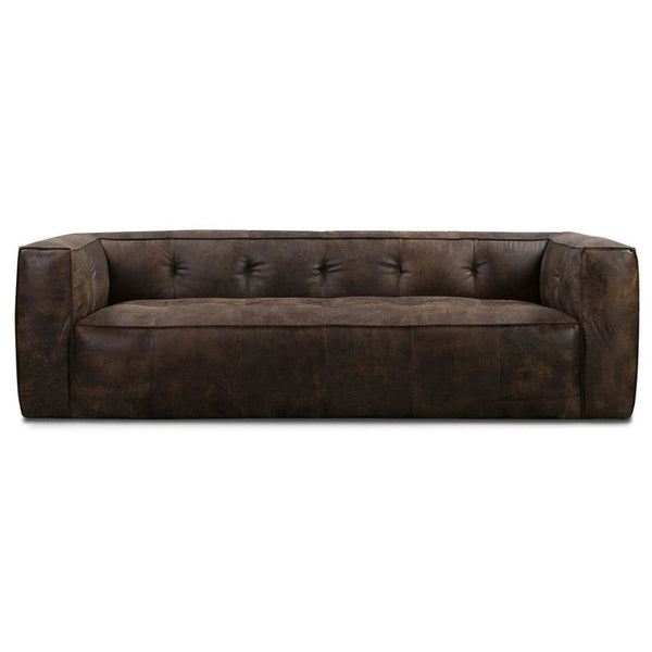 1. Poly & Bark 3-seat sofa with boxy profile, low back, and Outback Brown Leather upholstery, viewed from the front.