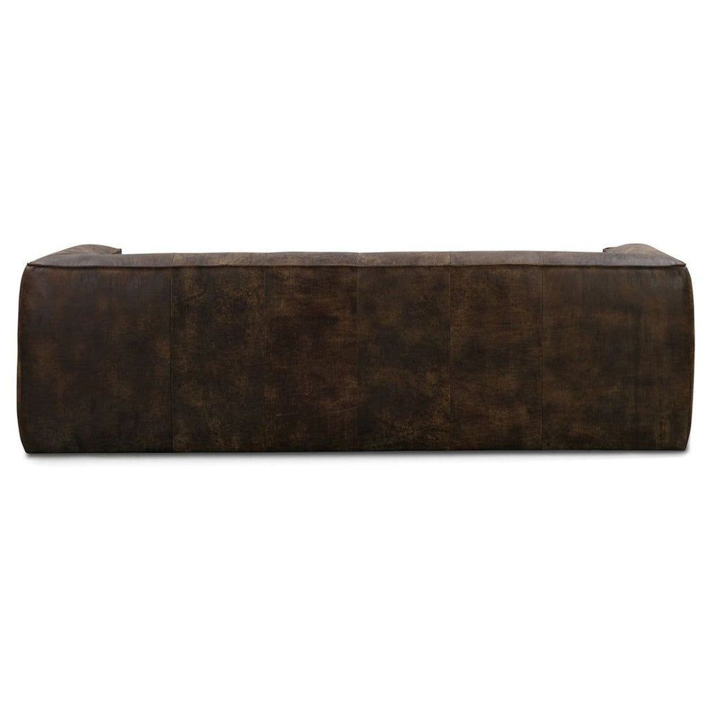 3. Rear view of the Poly & Bark 3-seat sofa, featuring clean lines and dark Outback Brown Leather upholstery.