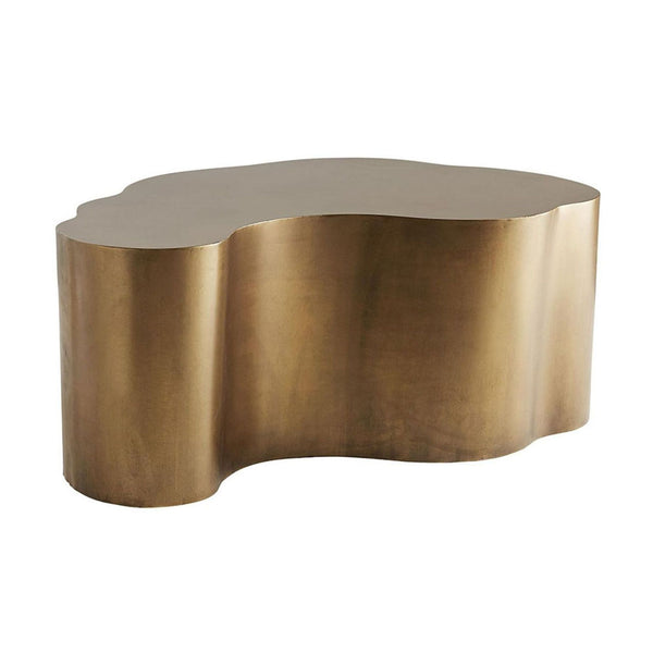 Sculptural gold lacquered fiberglass coffee table by Arteriors Home, featuring an organic cloud-like shape.
