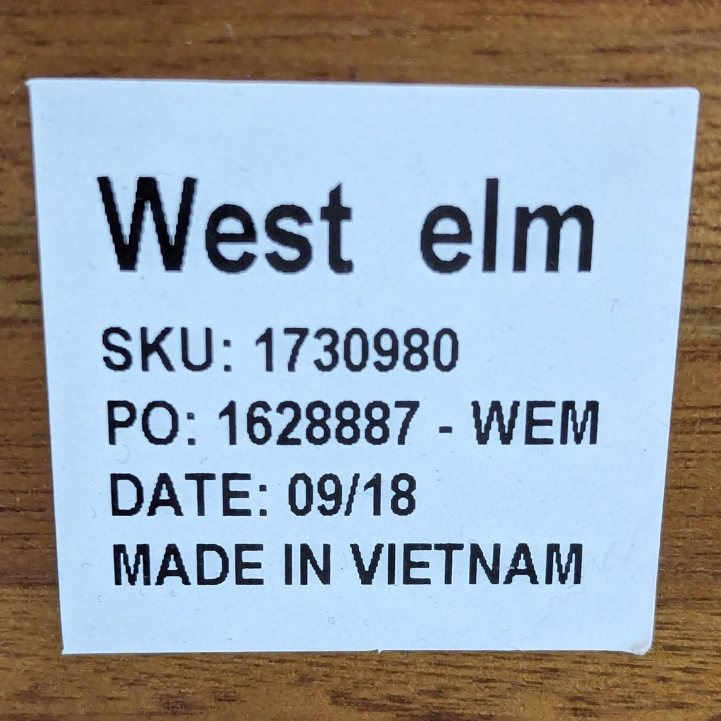 3. Close-up label showing West Elm branding, SKU, production date, and made in Vietnam details.