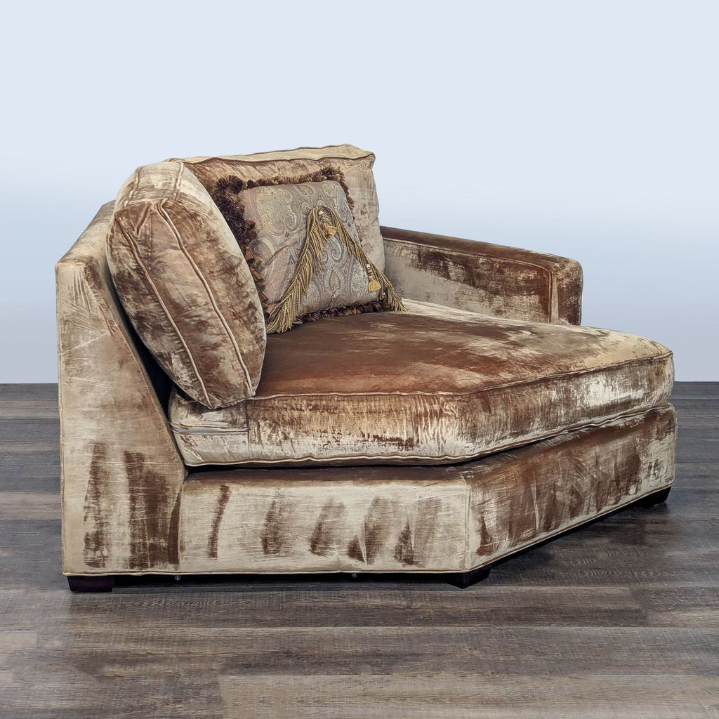 2. Side view of a plush velvet chair from Executive Seating Corp. with a patterned throw pillow on the seat.  