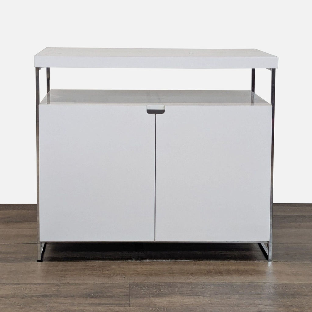 1. Modern white Reperch cabinet with metal frame and dual doors, perfect for sleek storage solutions.