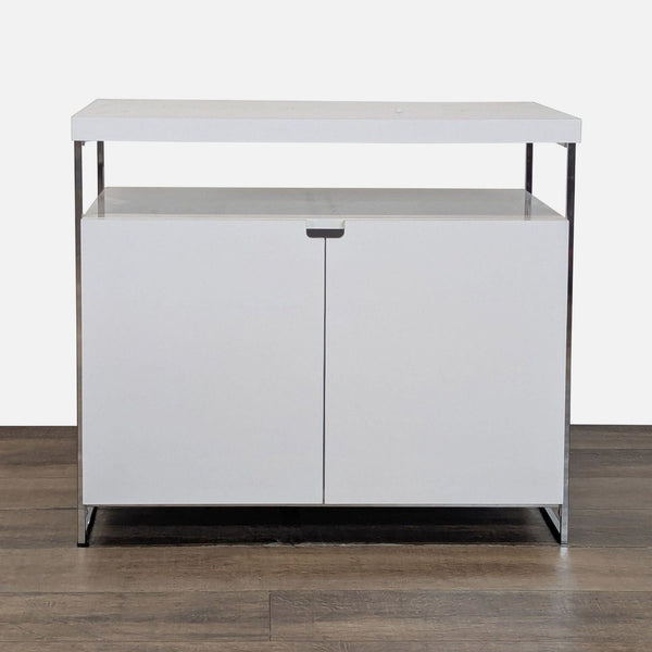 1. Modern white Reperch cabinet with metal frame and dual doors, perfect for sleek storage solutions.