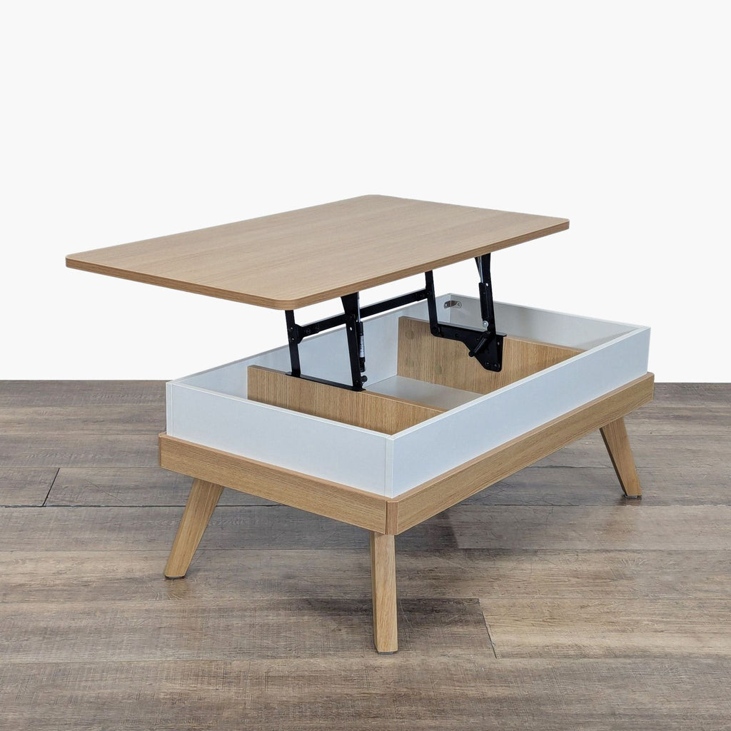 3. Angled view of Reperch coffee table, lift-up tabletop open, displaying hidden storage and sleek mid-century legs.