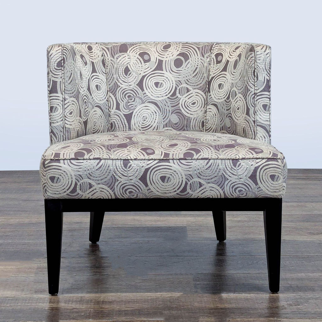 1. Crate and Barrel Grayson lounge chair with barrel-back, curved upholstered back, and tapered wood legs, front view.  