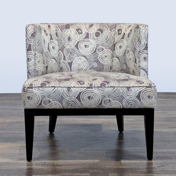 1. Crate and Barrel Grayson lounge chair with barrel-back, curved upholstered back, and tapered wood legs, front view.  