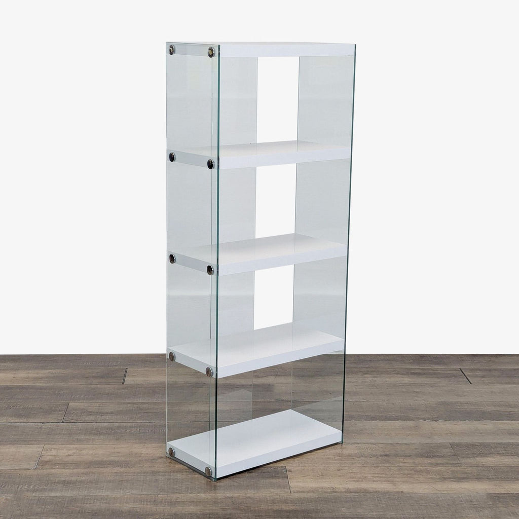 1. Every Room bookshelf with 5 fixed white gloss shelves, tempered glass frame, and chrome accents, angled view.