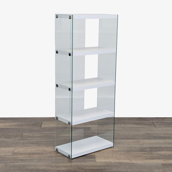 1. Every Room bookshelf with 5 fixed white gloss shelves, tempered glass frame, and chrome accents, angled view.