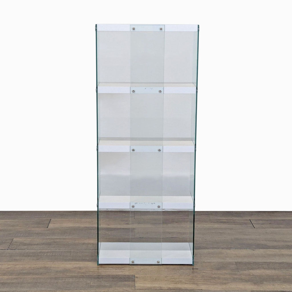 3. Front view of Every Room bookshelf, five white gloss shelves in a clear glass frame, for modern book storage.