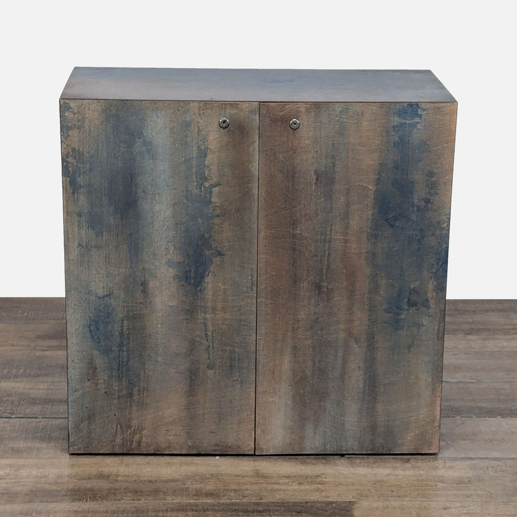 1. Front view of a Reperch cabinet with a rustic wood finish, two doors, and no included keys.