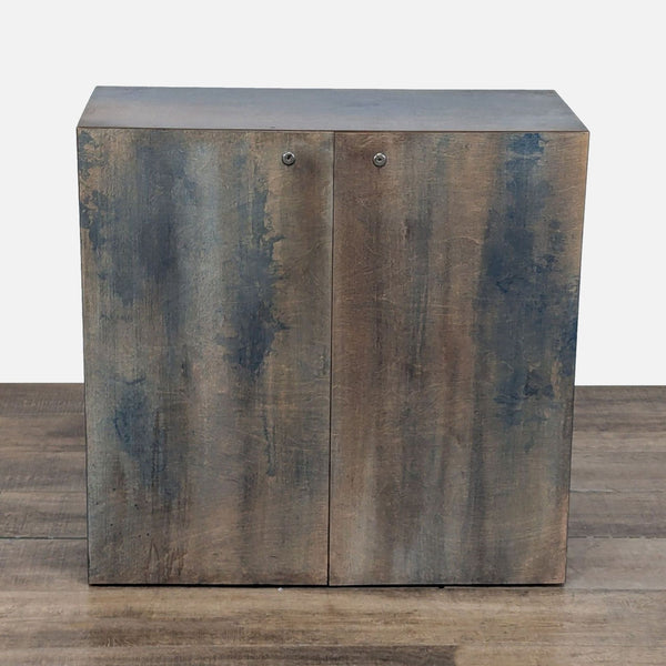 1. Front view of a Reperch cabinet with a rustic wood finish, two doors, and no included keys.