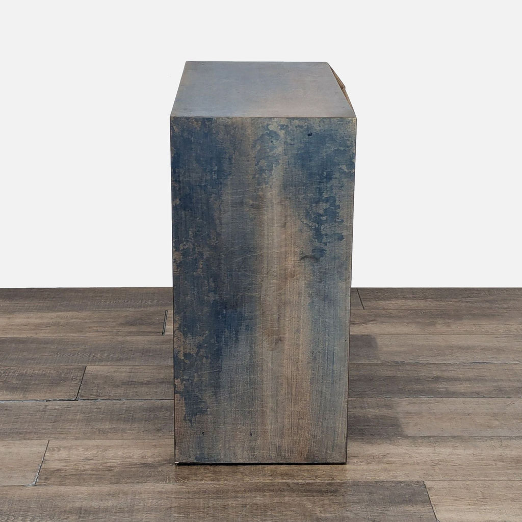 3. Side view of a Reperch cabinet with a distressed wood appearance, highlighting its depth and sturdy build.