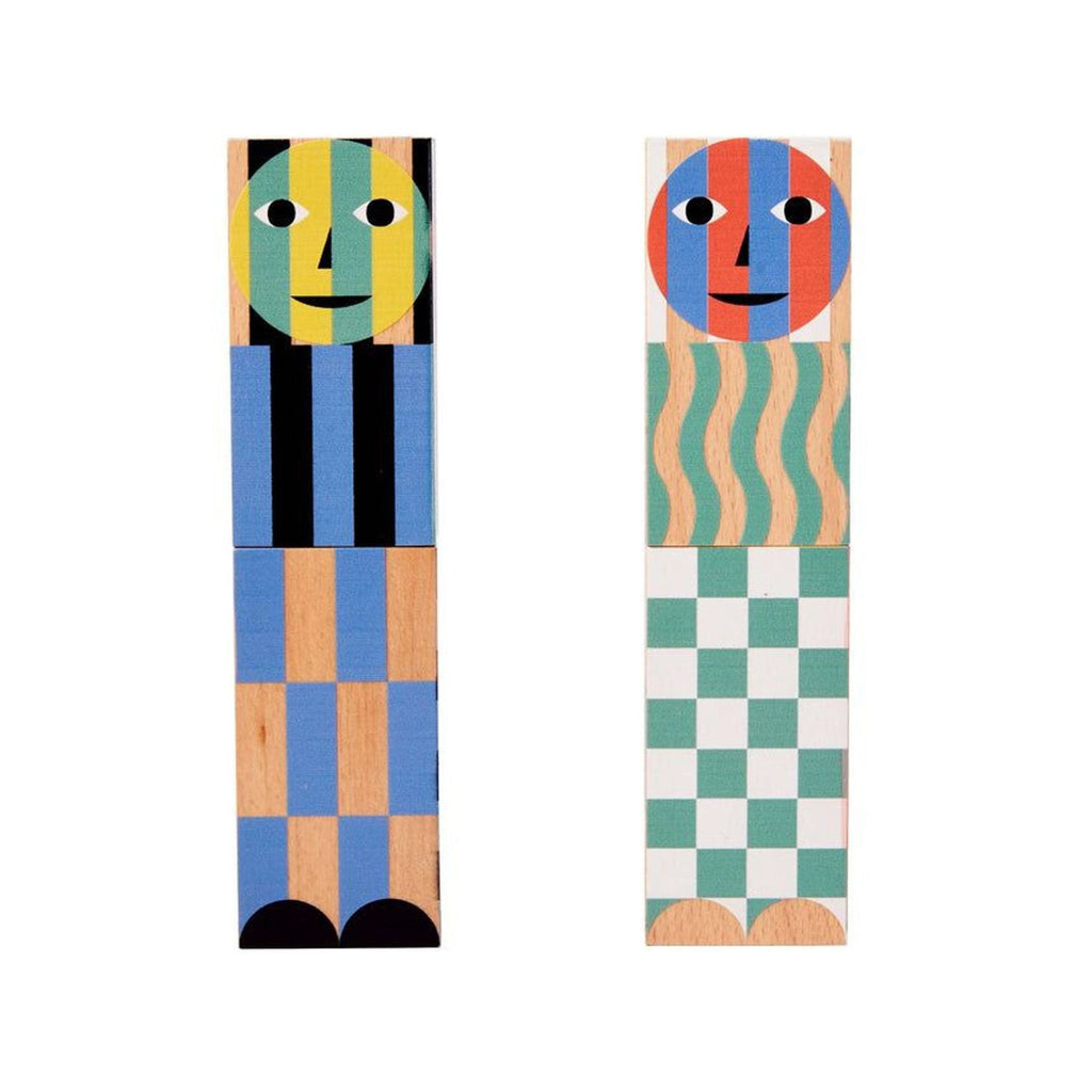 1. Set of two beech wood grinders with colorful geometric patterns and faces, designed by Dusen Dusen for 2Modern.