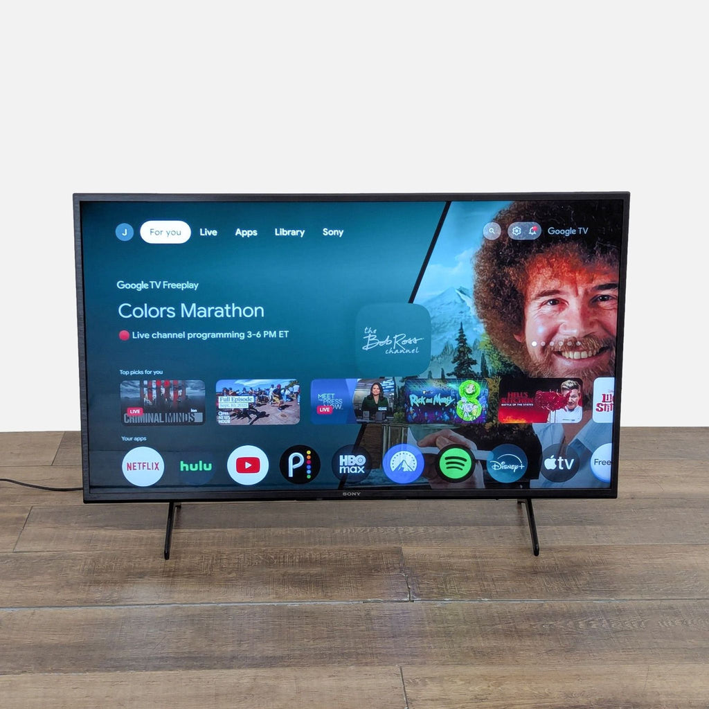 Sony 43-inch 4K Ultra HD Smart TV displaying the Google TV home screen with streaming apps visible.  