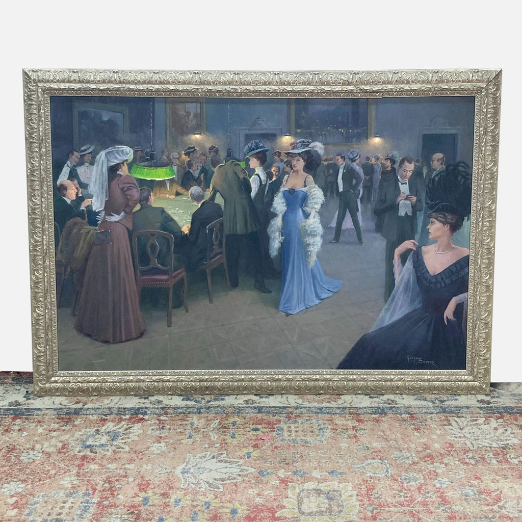 Impressionist painting of Victorian-era people in elegant attire at a lively casino, framed ornately.