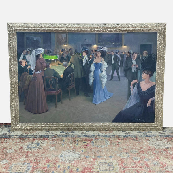 Impressionist painting of Victorian-era people in elegant attire at a lively casino, framed ornately.