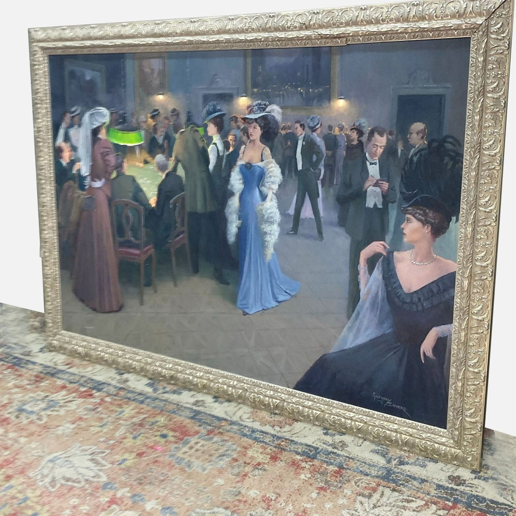 Side view of a framed Reperch painting showing Victorian-era casino scene with guests in period dress.