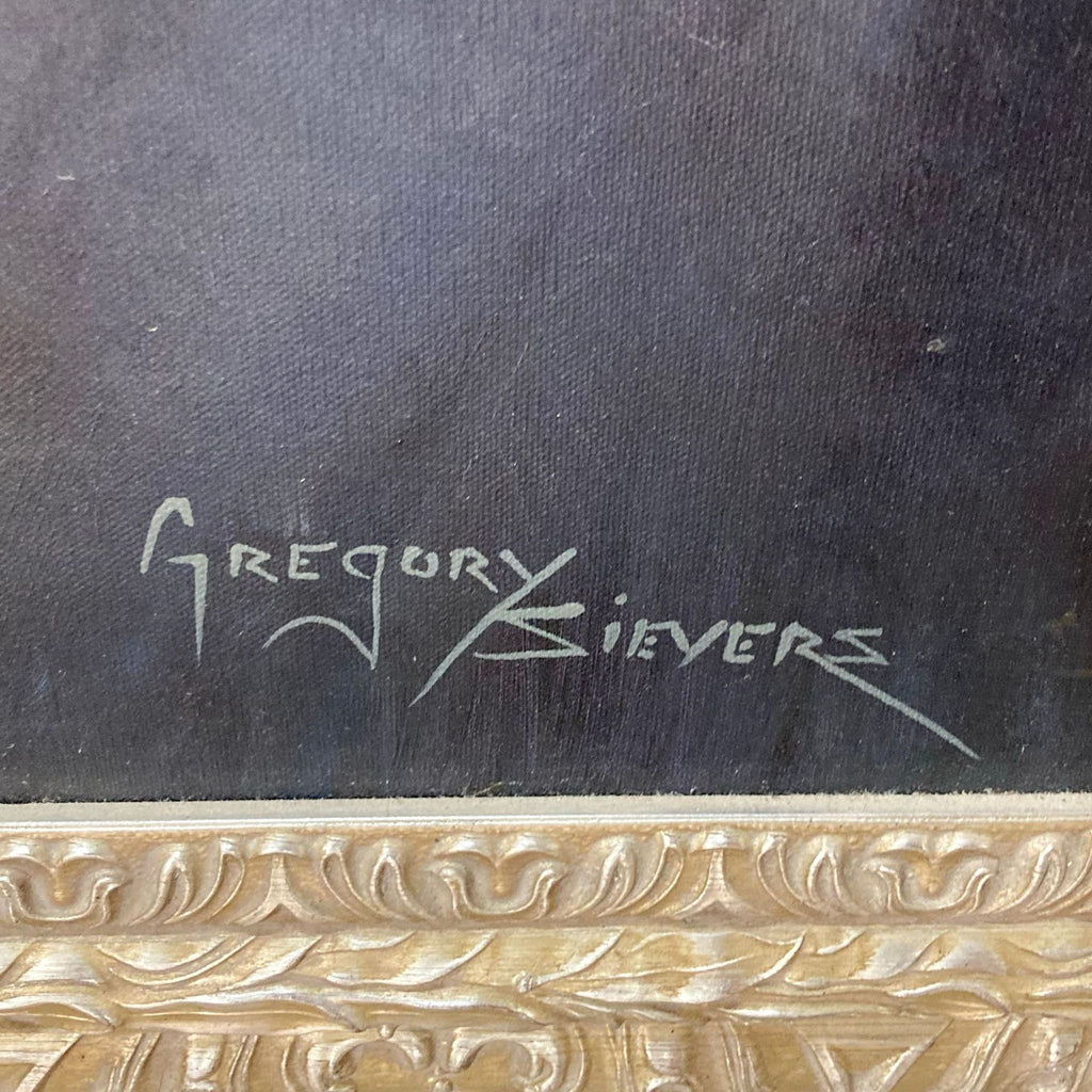 Close-up of the artist's signature "Gregory Sievers" in the corner of a framed painting.