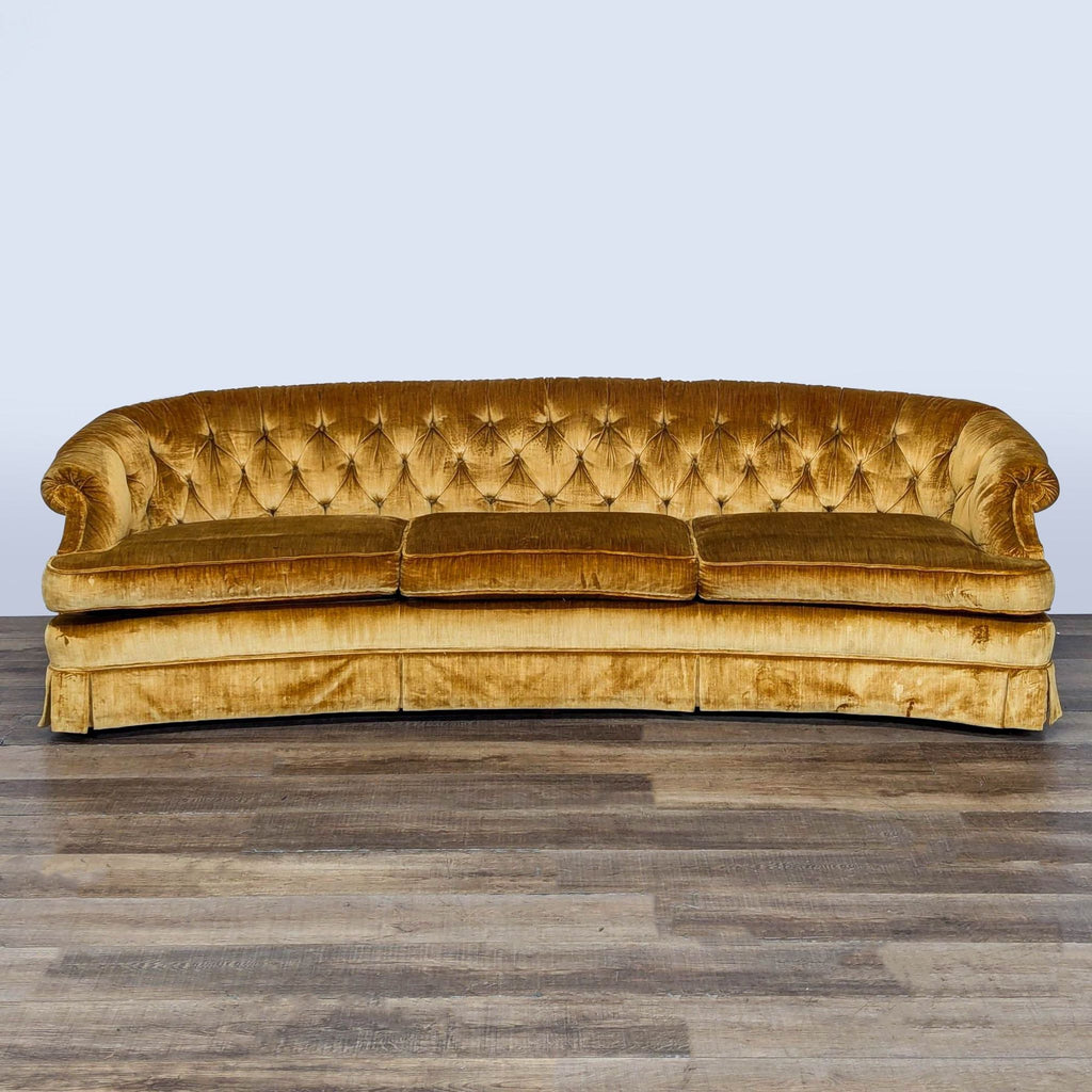 1. Gold velour Reperch 3-seat sofa with button-tufted back, three cushions, and a curved front, shown from the front.