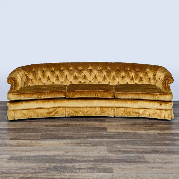 1. Gold velour Reperch 3-seat sofa with button-tufted back, three cushions, and a curved front, shown from the front.