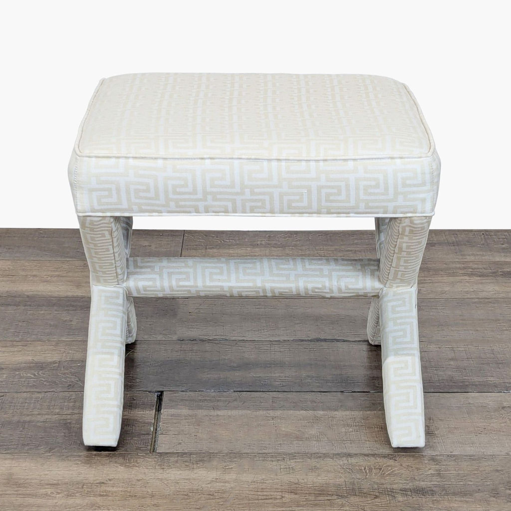 3. Overhead angle of a Greek key fabric ottoman from Lee Industries, highlighting the bench’s sleek, geometric design.