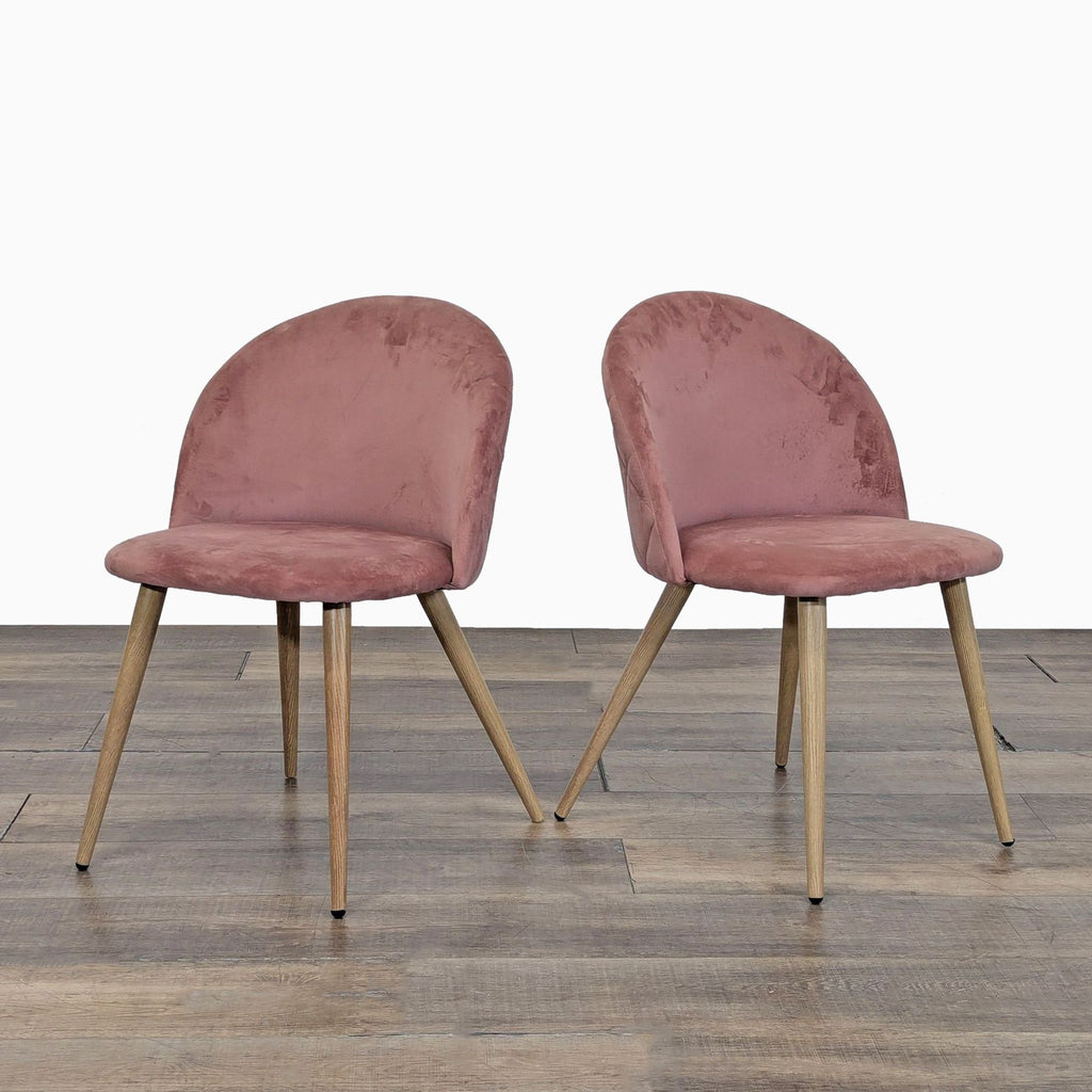 1. Pair of George Oliver dining chairs with pink velvet fabric and angled metal legs, shown on wooden flooring.