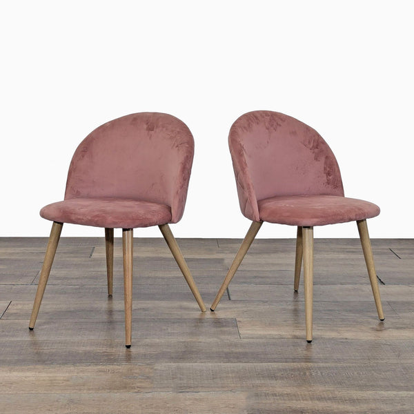 1. Pair of George Oliver dining chairs with pink velvet fabric and angled metal legs, shown on wooden flooring.