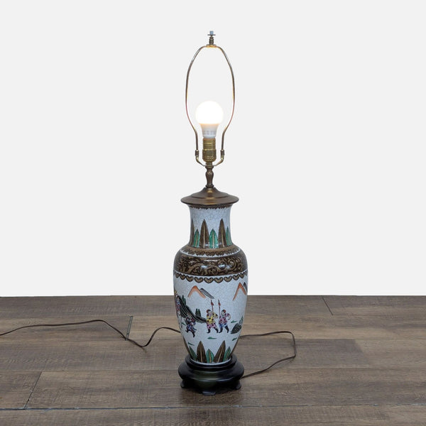 1. Reperch Chinese crackleware porcelain vase lamp with warrior motif and landscape, ideal for artistic lighting.  
