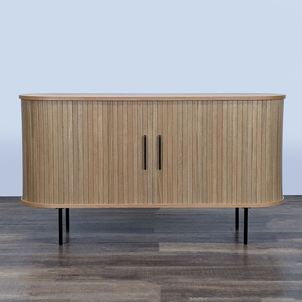 1. AllModern oak veneer TV stand with sliding tambour doors, mid-century style, closed storage, entertainment center.  