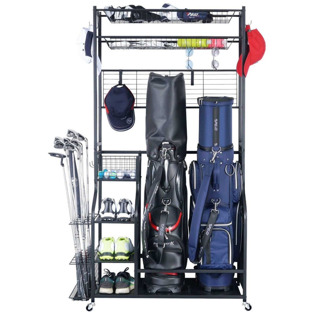Golf storage organizer by Mythinglogic, holds two bags and includes upper shelves for golf equipment.