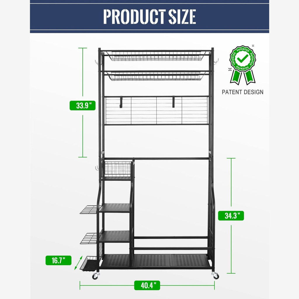 1. Mythinglogic golf club rack with large capacity, showing detailed product dimensions and top storage shelves.