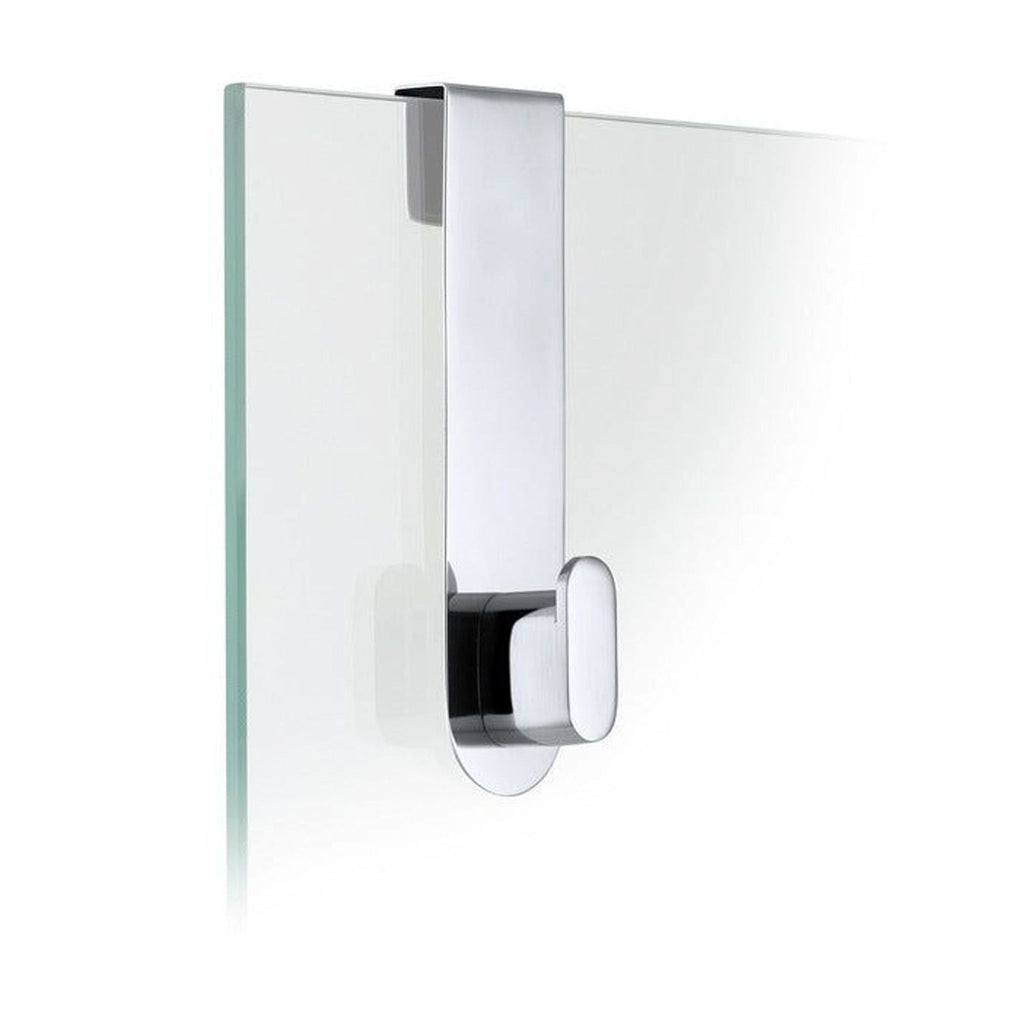 1. Modern chrome over-the-door hook by 2Modern, clipped onto a glass panel, ideal for hanging items.
