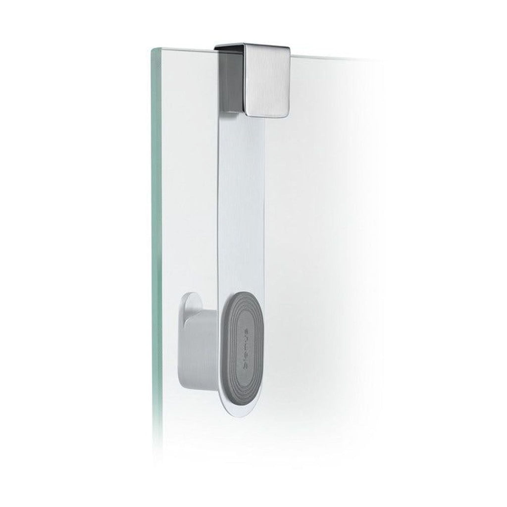 2. Sleek stainless steel 2Modern door hook, shown attached to a glass door, perfect for organizing spaces.