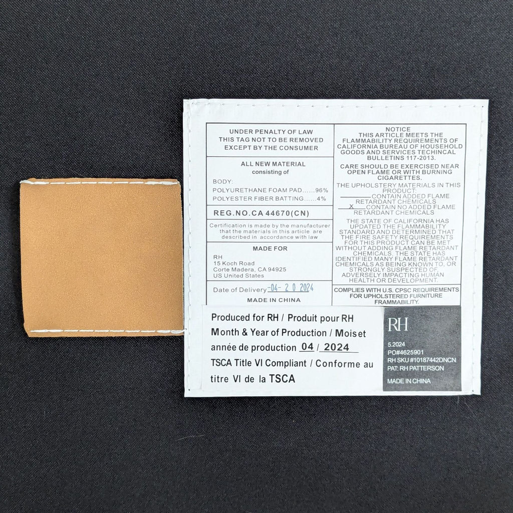 3. Product label showing materials, compliance, and care instructions for a Restoration Hardware dining chair.