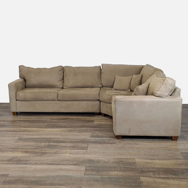 1. Reperch transitional sectional sofa with microfiber upholstery, track arms, and loose cushions on wooden floor.