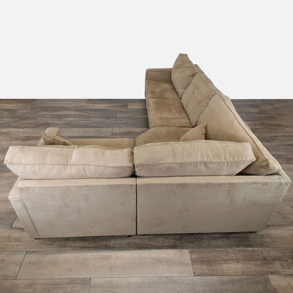3. Overhead view of a Reperch transitional style sofa, highlighting microfiber fabric and loose cushions.